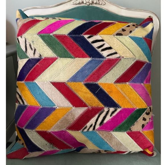 Cowhide Patchwork Decorative Pillow Cover colorful fun unique bright 18” - Picture 9 of 16